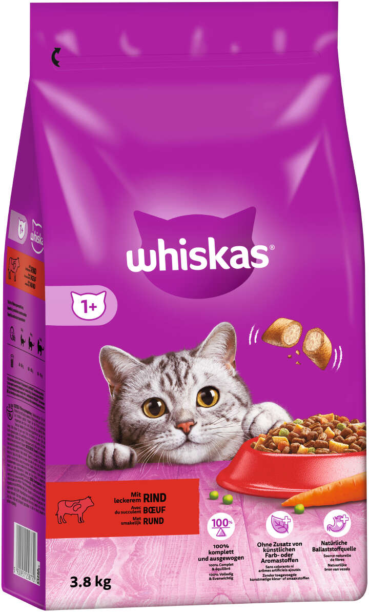 whiskas Katzen-Trockenfutter 1+ mit Rind